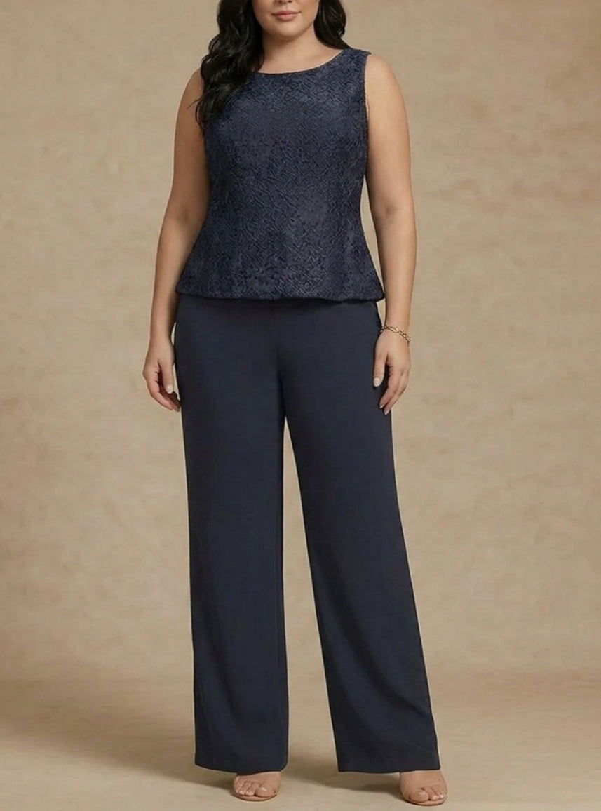 3 Pieces Suit Scoop Chiffon Plus Size Mother of the Bride Pantsuits Lace Ankle-Length Long Sleeves