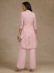 3 Pieces Suit V-Neck Chiffon Mother of the Bride Pantsuits with Jacket Lace Ankle-Length 3/4 Sleeves