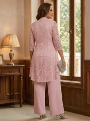 3 Pieces Suit V-Neck Chiffon Plus Size Mother of the Bride Pantsuits with Jacket Lace Ankle-Length 3/4 Sleeves