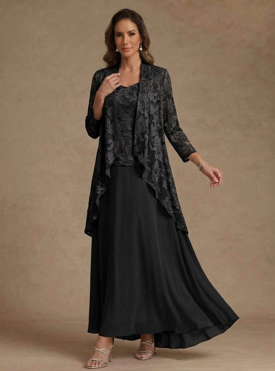 3 Pieces Suit A-Line/Princess V-Neck Chiffon Mother of the Bride Dresses with Jacket Lace Ankle-Length 3/4 Sleeves
