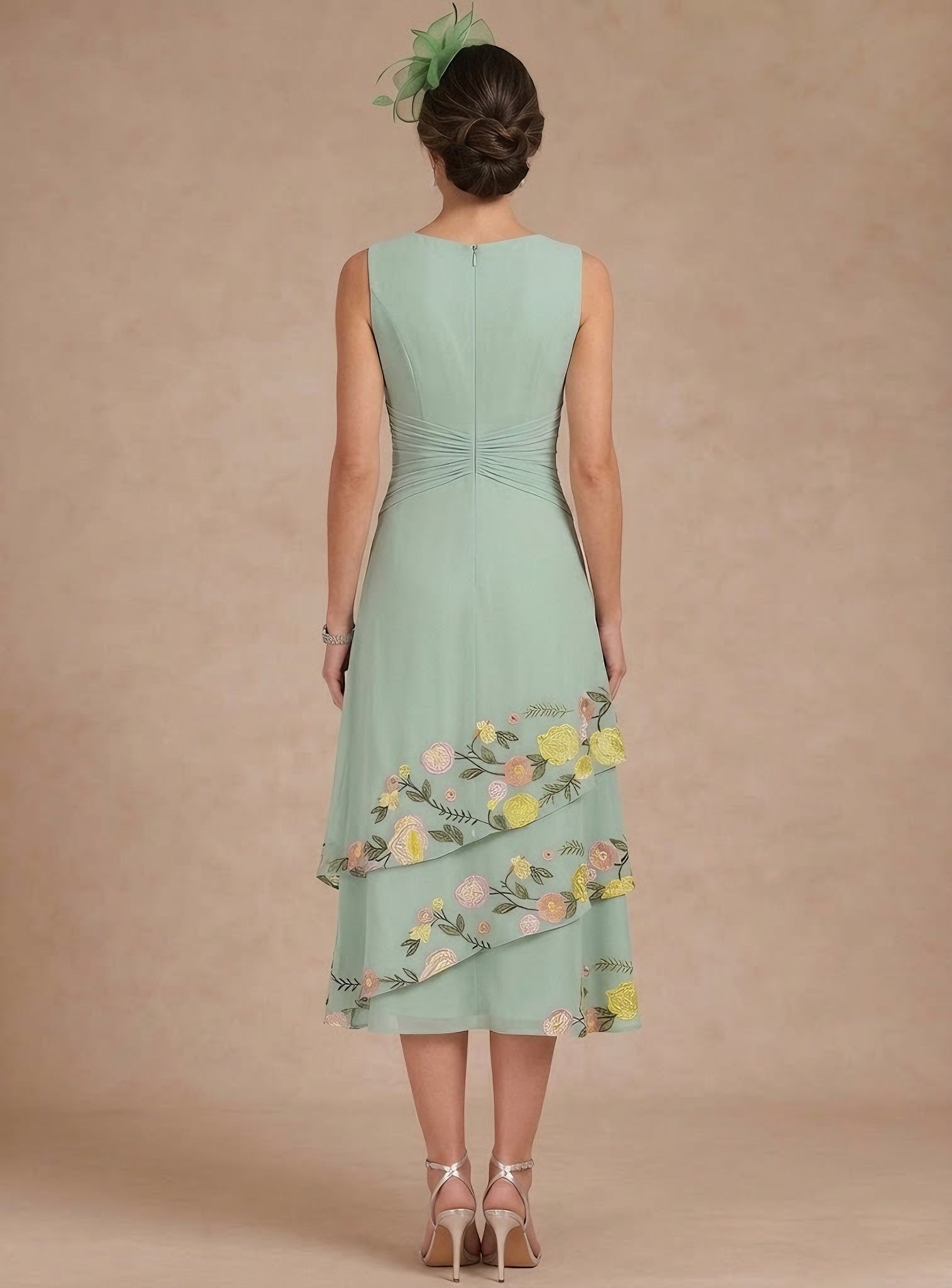 2 Pieces A-Line/Princess Scoop Chiffon Mother of the Bride Dresses with Jacket Tea-Length 3/4 Sleeves Floral