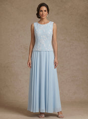 3 Pieces Suit A-Line/Princess Scoop Chiffon Mother of the Bride Dresses with Jacket Lace Floral Ankle-Length Long Sleeves