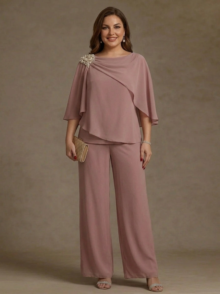 2 Piece Boat Neck Chiffon Plus Size Mother of the Bride Pantsuits Cape Sleeves Ankle-Length Rhinestone