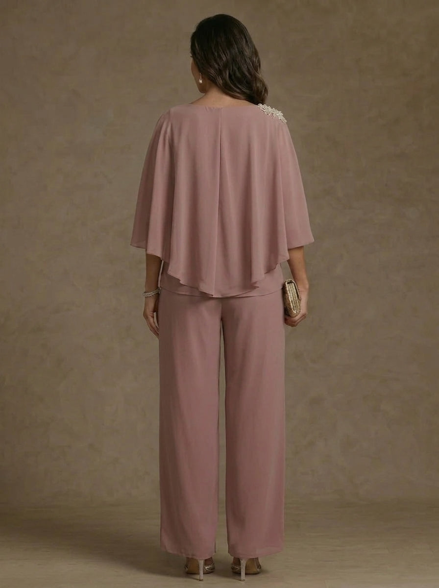 2 Piece Boat Neck Chiffon Plus Size Mother of the Bride Pantsuits Cape Sleeves Ankle-Length Rhinestone