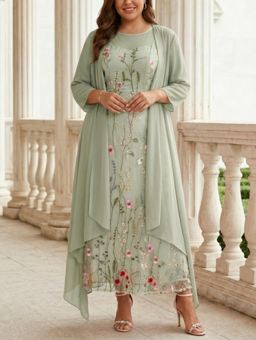 2 Pieces A-Line/Princess Scoop Chiffon Plus Size Mother of the Bride Dresses with Jacket Long Sleeves Ankle-Length Lace Floral