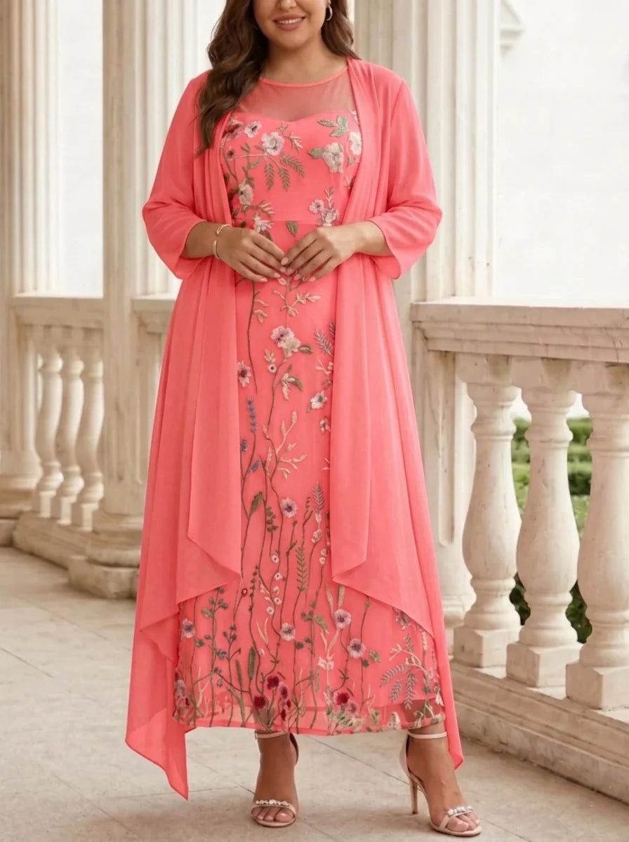 2 Pieces A-Line/Princess Scoop Chiffon Plus Size Mother of the Bride Dresses with Jacket Long Sleeves Ankle-Length Lace Floral