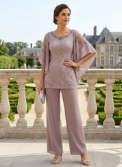 2 Piece Scoop Chiffon Mother of the Bride Pantsuits Half Sleeves Ankle-Length Lace Floral Beading