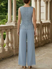 3 Pieces Suit V-Neck Chiffon Mother of the Bride Pantsuits with Jacket 3/4 Sleeves Lace Ankle-Length