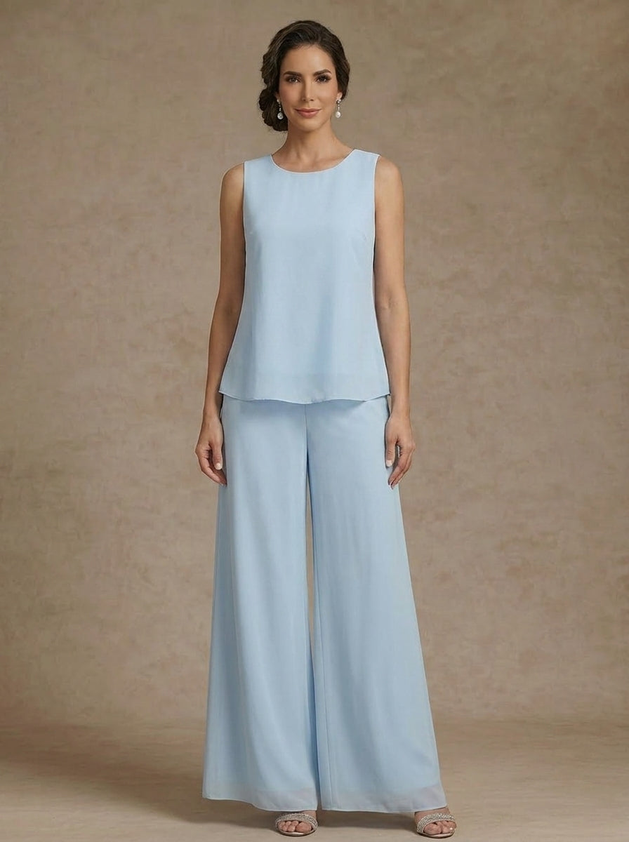 3 Pieces Chiffon Scoop Mother of the Bride Pantsuits with Jacket Lace Floral Ankle-Length Long Sleeves