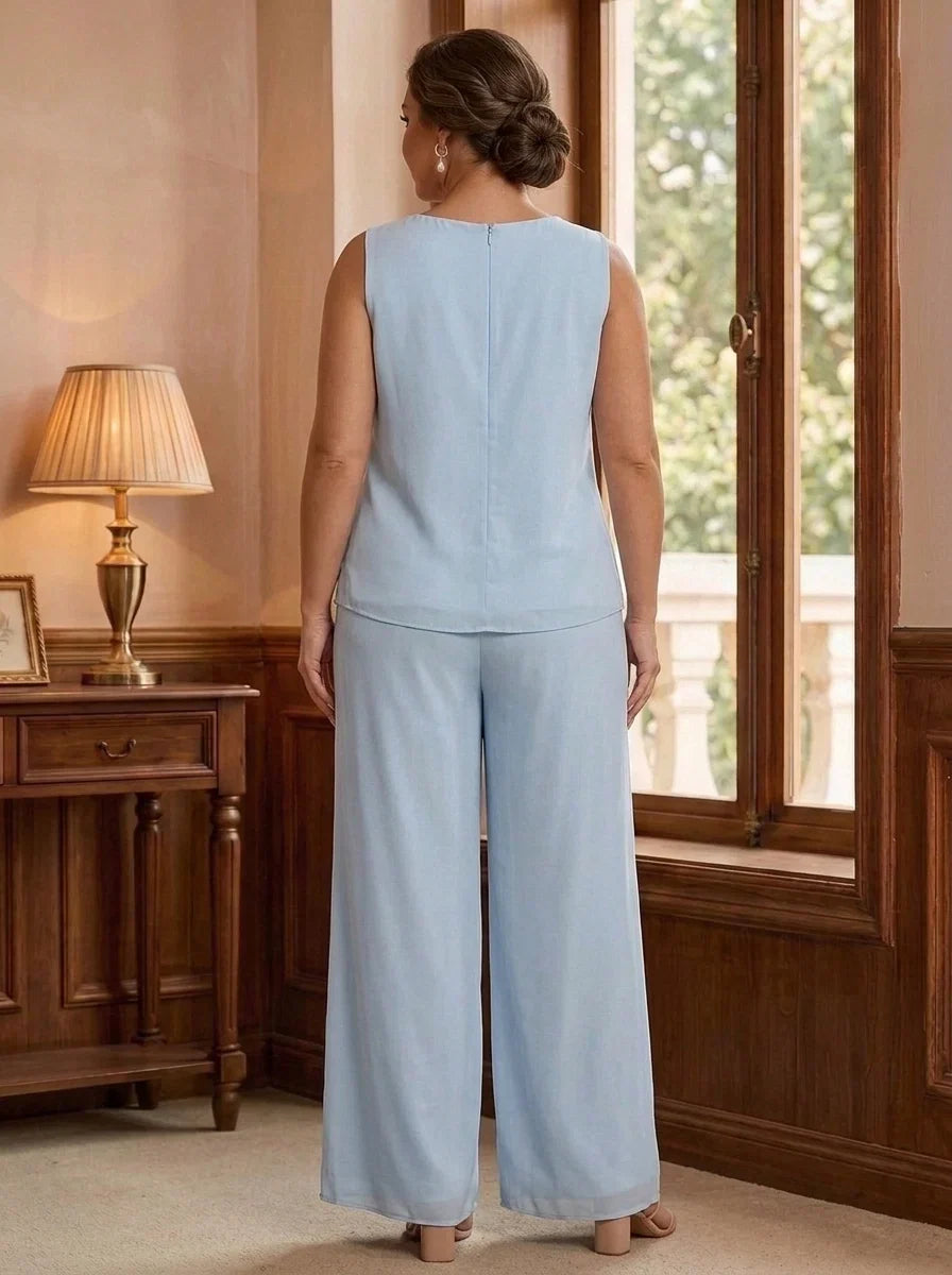 3 Pieces Chiffon Scoop Plus Size Mother of the Bride Pantsuits with Jacket Lace Floral Ankle-Length Long Sleeves
