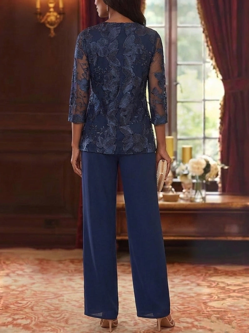3 Pieces Chiffon Scoop Mother of the Bride Pantsuits with Lace Floral Jacket Ankle-Length 3/4 Sleeves