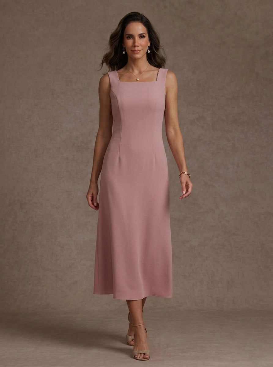 2 Pieces Sheath/Column Square Collar Stretch Satin Mother of the Bride Dresses with Jacket 3/4 Sleeves Tea-Length