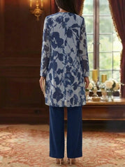 3 Pieces Suit Scoop Chiffon Mother of the Bride Pantsuits with Jacket Floral Long Sleeves Ankle-Length