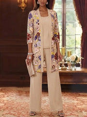 3 Pieces Chiffon Scoop  Mother of the Bride Pantsuits with Jacket Ankle-Length 3/4 Sleeves Lace Floral