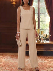 3 Pieces Chiffon Scoop  Mother of the Bride Pantsuits with Jacket Ankle-Length 3/4 Sleeves Lace Floral