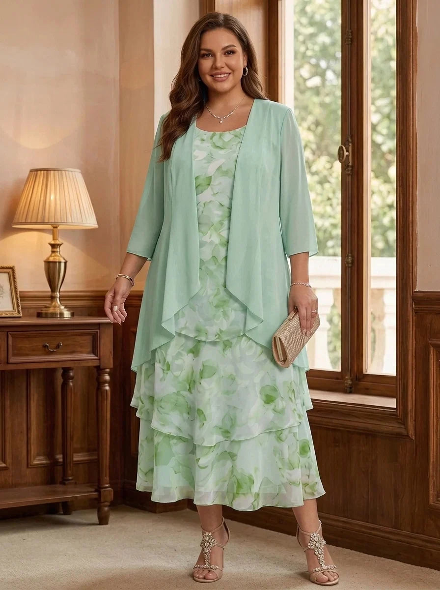 2 Pieces A-Line/Princess Scoop Chiffon Plus Size Mother of the Bride Dresses with Jacket Floral Tea-Length 3/4 Sleeves Ruffles