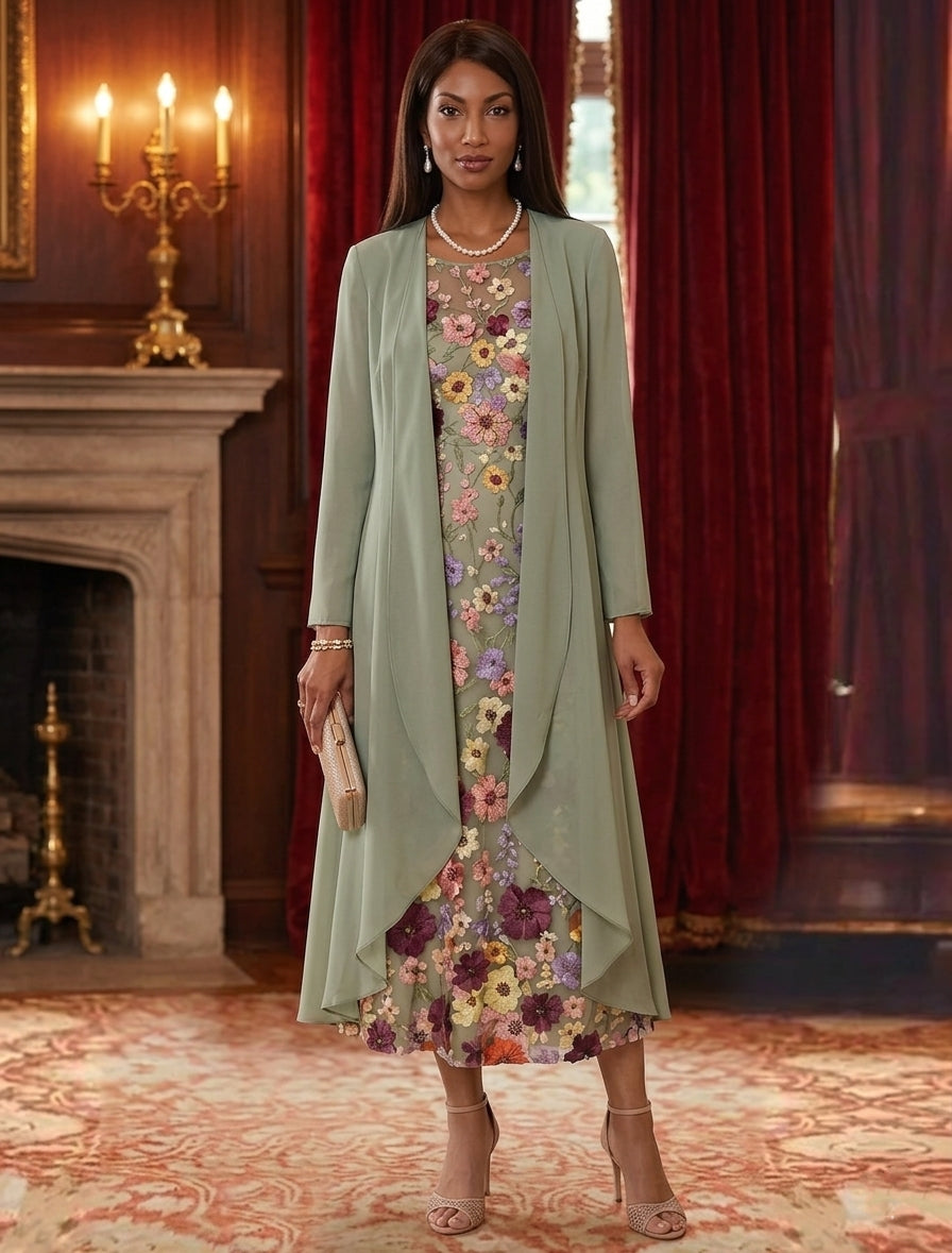2 Pieces Chiffon A-Line/Princess Scoop Mother of the Bride Dresses with Jacket Tea-Length Long Sleeves Lace Floral
