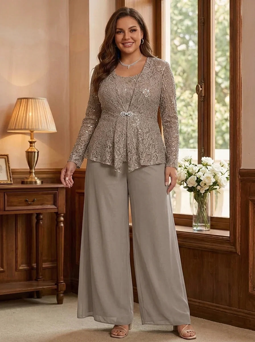 3 Pieces Scoop Lace Plus Size Mother of the Bride Pantsuits with Jacket Long Sleeves Ankle-Length