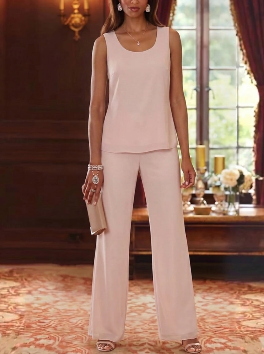 3 Pieces Scoop Chiffon Mother of the Bride Pantsuits with Jacket Lace Ankle-Length Long Sleeves