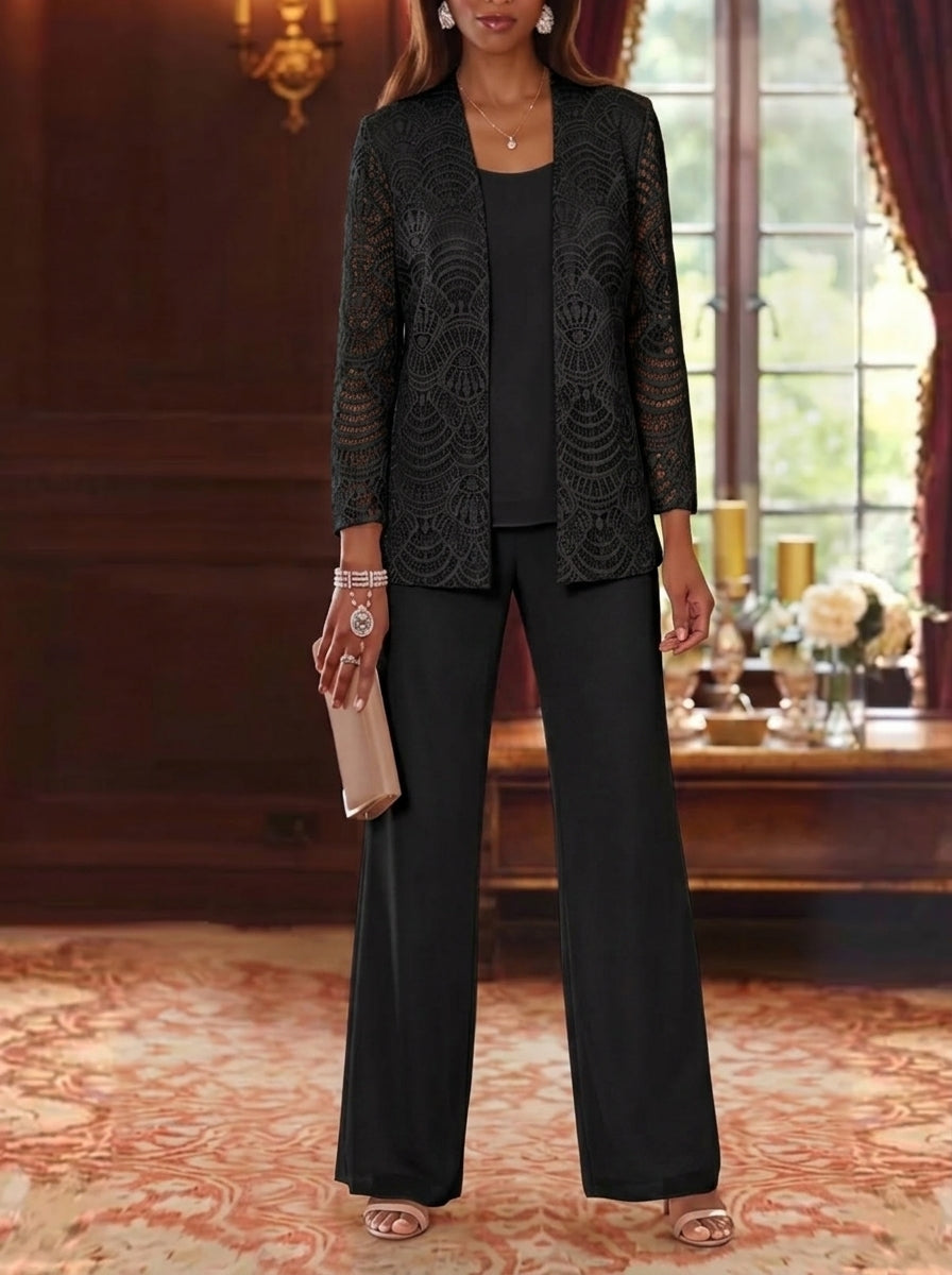 3 Pieces Scoop Chiffon Mother of the Bride Pantsuits with Jacket Lace Ankle-Length Long Sleeves
