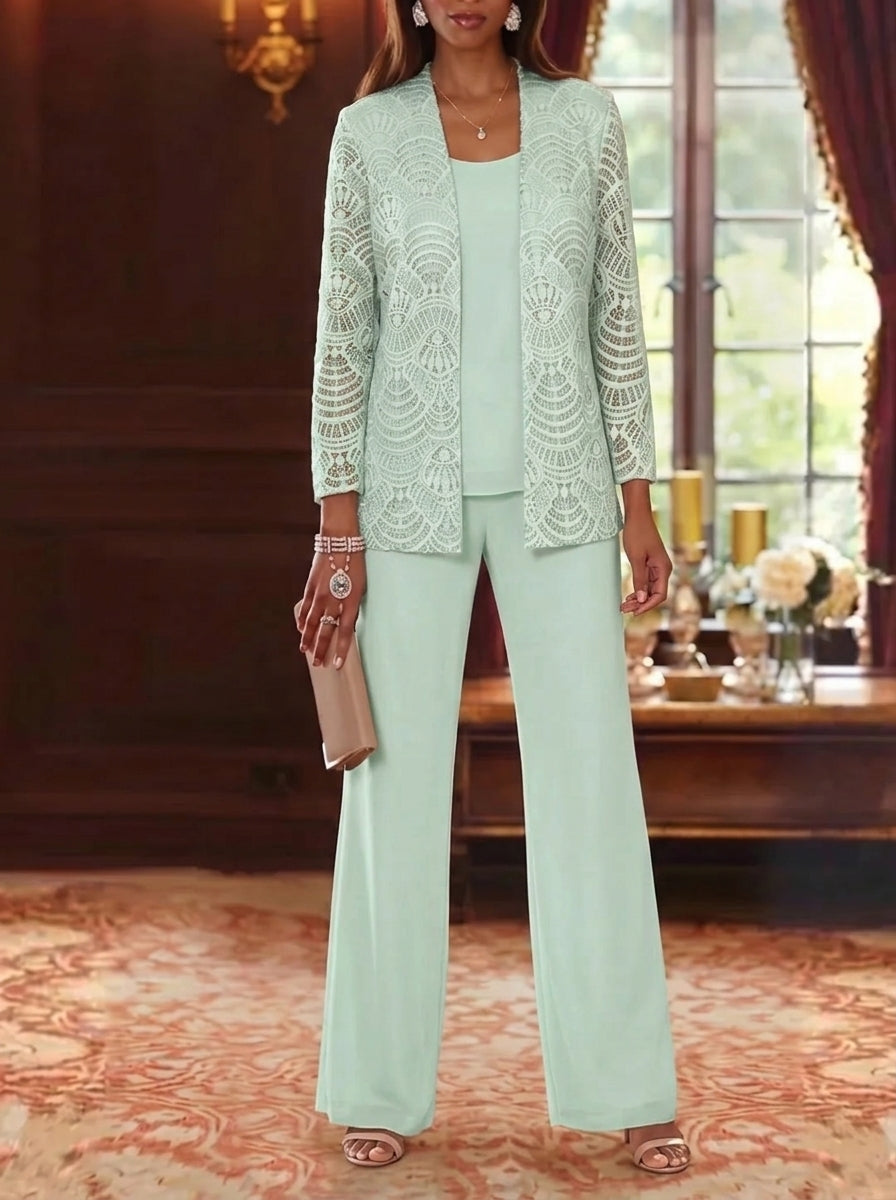 3 Pieces Scoop Chiffon Mother of the Bride Pantsuits with Jacket Lace Ankle-Length Long Sleeves