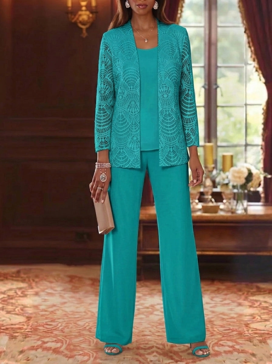 3 Pieces Scoop Chiffon Mother of the Bride Pantsuits with Jacket Lace Ankle-Length Long Sleeves