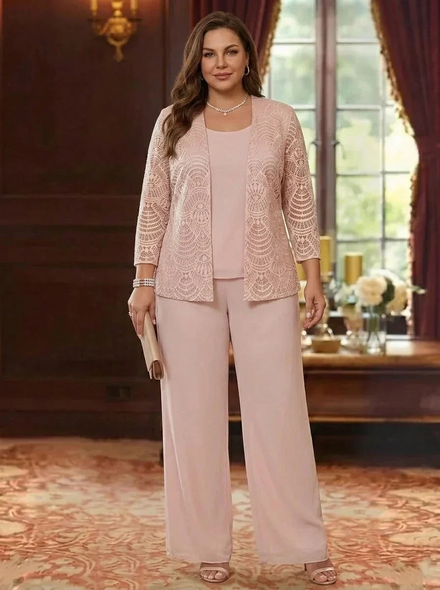 3 Pieces Scoop Chiffon Plus Size Mother of the Bride Pantsuits with Jacket Lace Ankle-Length Long Sleeves