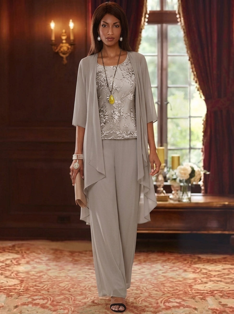 3 Pieces Scoop Chiffon Mother of the Bride Pantsuits with Jacket 3/4 Sleeves Ankle-Length Lace Floral