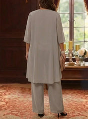 3 Pieces Scoop Chiffon Plus Size Mother of the Bride Pantsuits with Jacket 3/4 Sleeves Ankle-Length Lace Floral