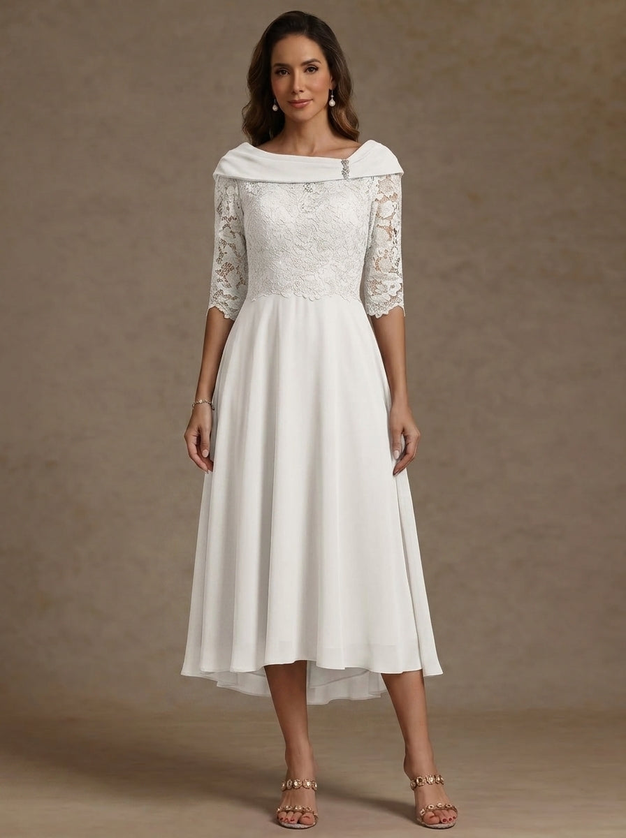 A-Line/Princess Boat Neck Chiffon Mother of the Bride Dresses Half Sleeves Lace High-Low Tea-Length