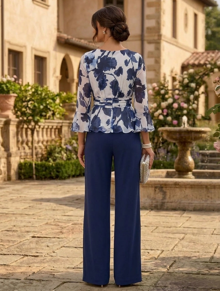 2 Pieces Scoop Chiffon Mother of the Bride Pantsuits Floor-Length Floral 3/4 Sleeves