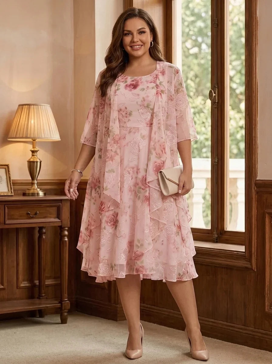2 Pieces A-Line/Princess Scoop Chiffon Plus Size Mother of the Bride Dresses with Wrap Floral Half Sleeves Tea-Length