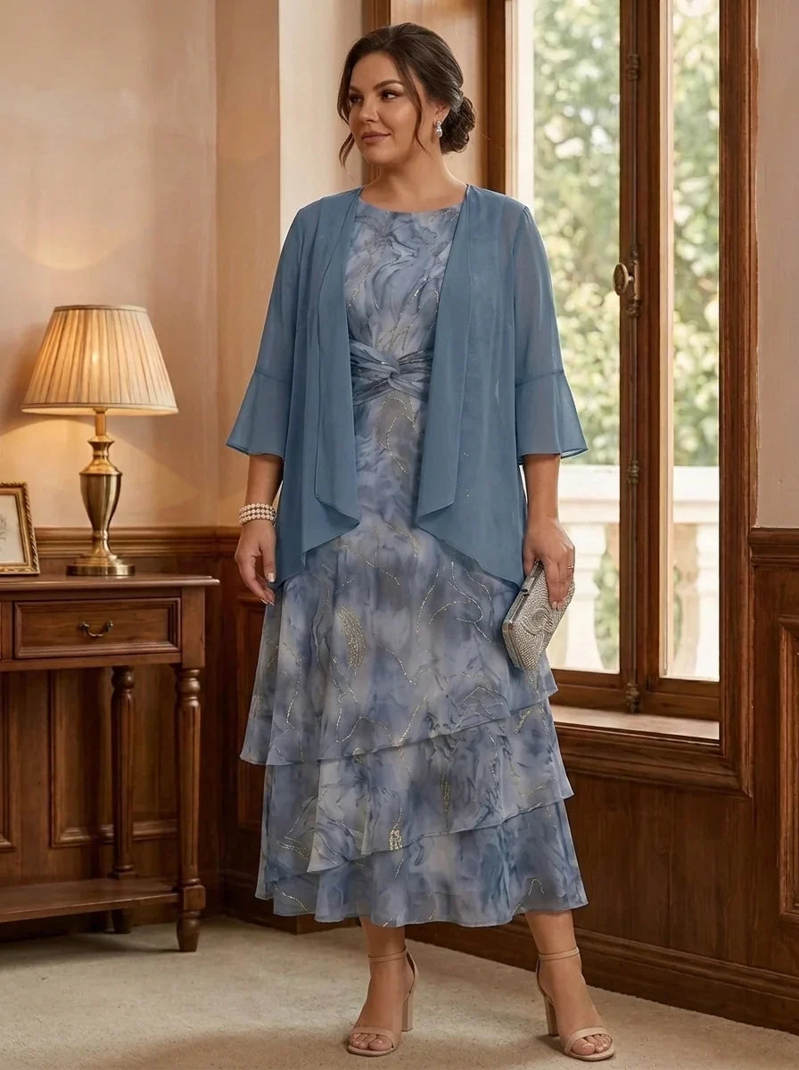 2 Pieces A-Line/Princess Chiffon Plus Size Mother of the Bride Dresses with Jacket Scoop Floral 3/4 Sleeves Tea-Length