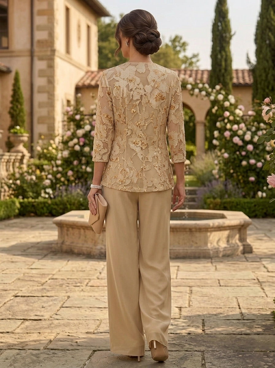 3 Pieces Suit Scoop Chiffon Lace Mother of the Bride Pantsuits with Jacket Floral Floor-Length 3/4 Sleeves