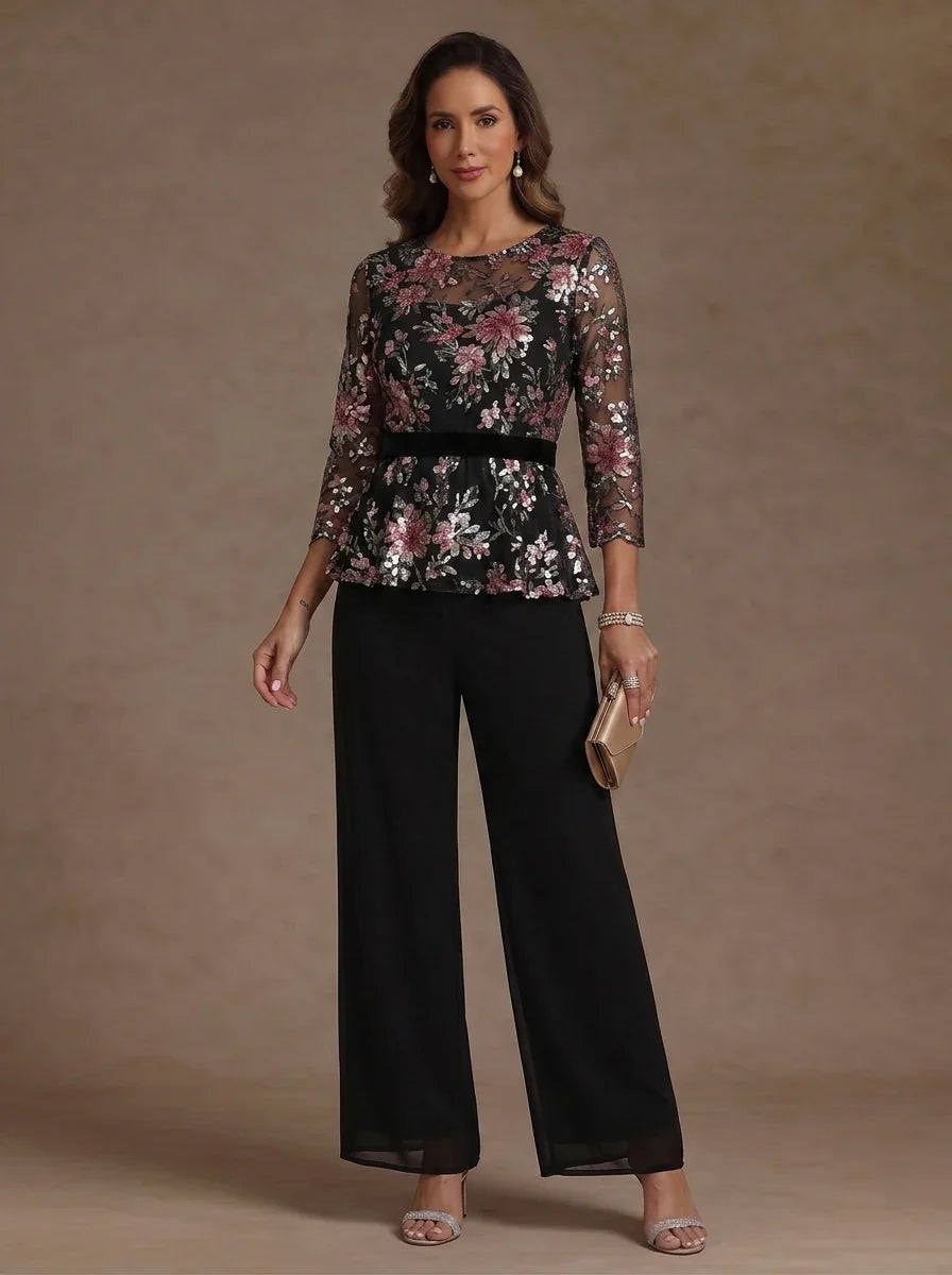 3 Pieces Suit Scoop Chiffon Mother of the Bride Pantsuits Floral 3/4 Sleeves Ankle-Length