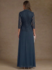 3 Pieces Suit Scoop Chiffon Mother of the Bride Pantsuits with Jacket Overskirt Lace Ankle-Length 3/4 Sleeves