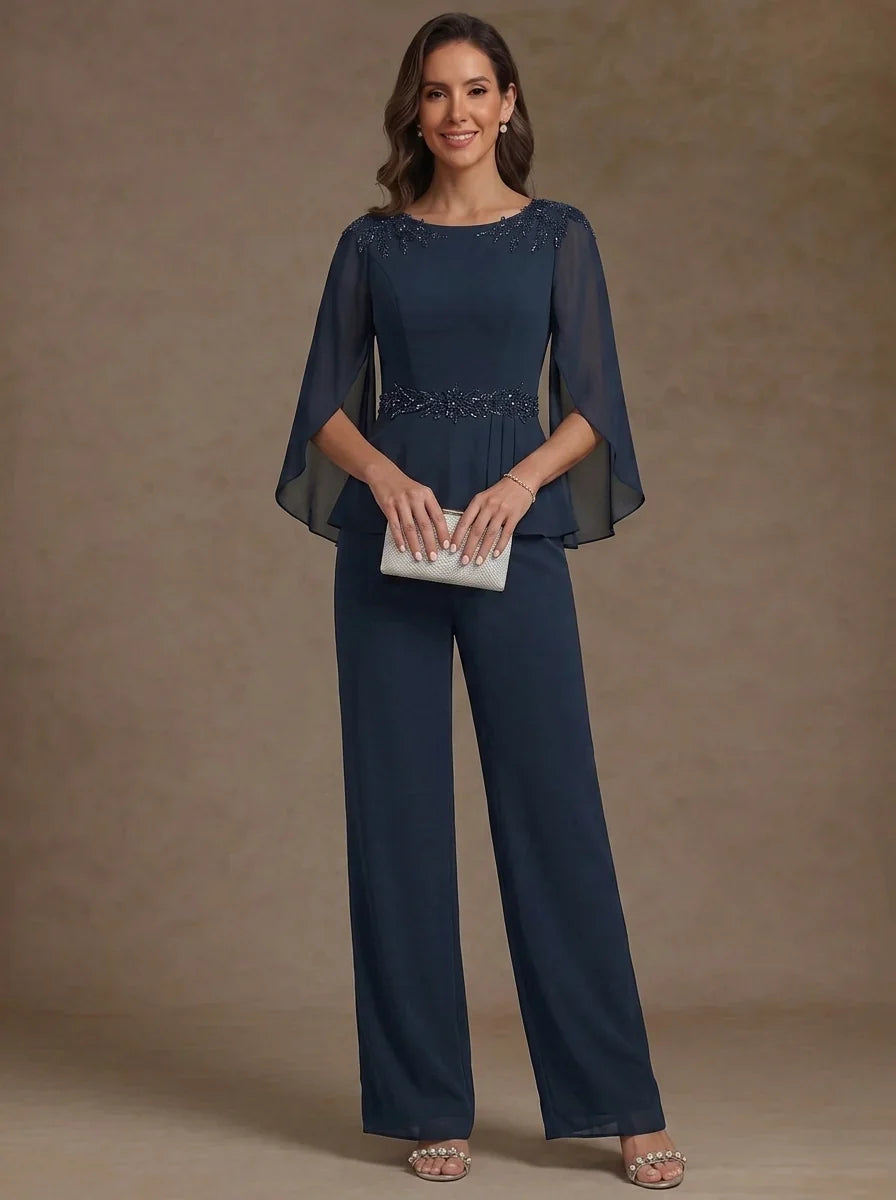 2 Pieces Suit Scoop Chiffon Mother of the Bride Pantsuits Ankle-Length 3/4 Sleeves Beading