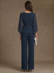2 Pieces Suit Scoop Chiffon Mother of the Bride Pantsuits Ankle-Length 3/4 Sleeves Beading