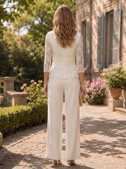 2 Pieces Suit V-Neck Chiffon Mother of the Bride Pantsuits Ankle-Length 3/4 Sleeves Lace Embroidery