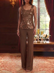 3 Pieces Scoop Chiffon Mother of the Bride Pantsuits 3/4 Sleeves Floral Lace Embroidery Floor-Length