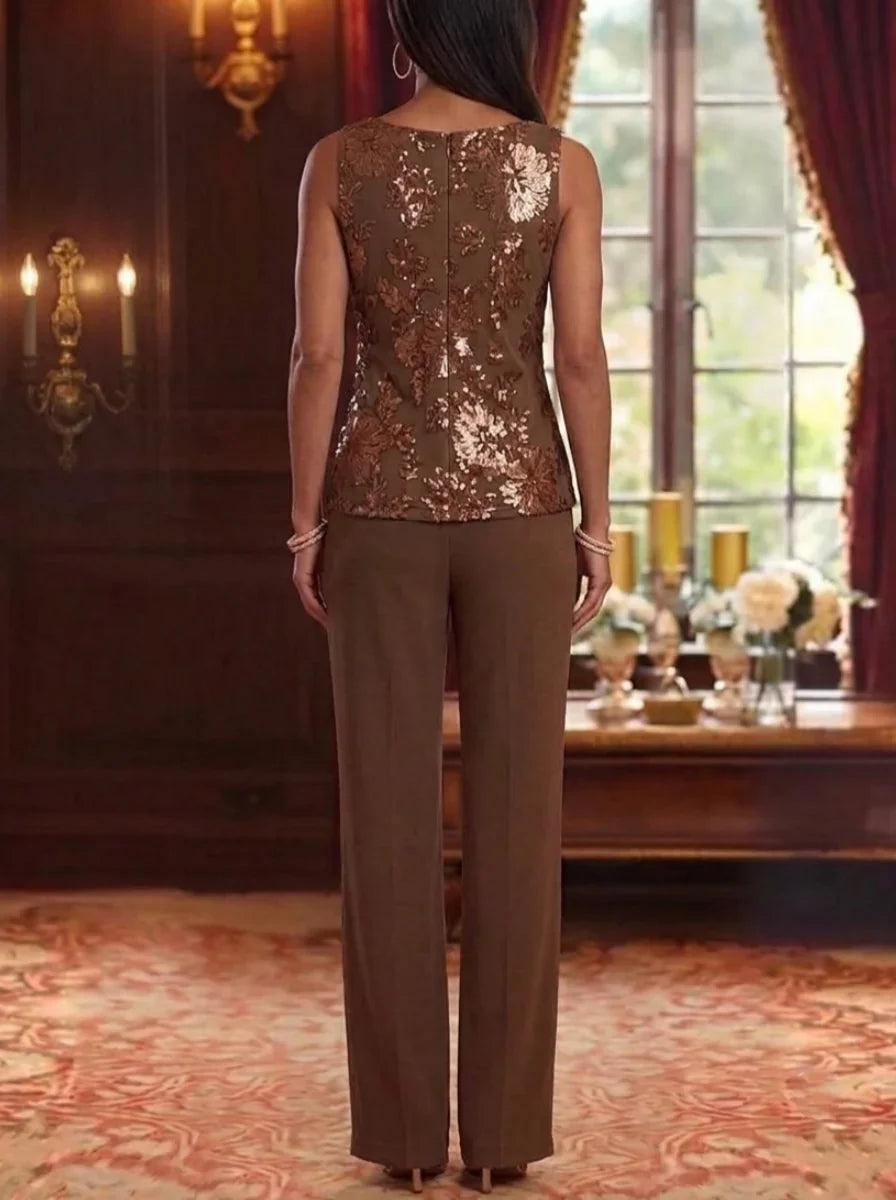 3 Pieces Scoop Chiffon Mother of the Bride Pantsuits 3/4 Sleeves Floral Lace Embroidery Floor-Length
