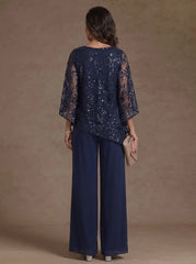 2 Pieces Scoop Chiffon Mother of the Bride Pantsuits Floral Sequins Floor-Length 3/4 Sleeves