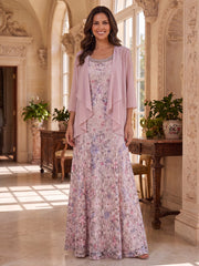 A-Line/Princess 2 Pieces Scoop Lace Embroidery Mother of the Bride Dresses Floor-Length 3/4 Sleeves with Chiffon Jacket