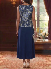 2 Pieces A-Line/Princess Scoop Chiffon Mother of the Bride Dresses with Jacket Lace Floral 3/4 Sleeves Tea-Length