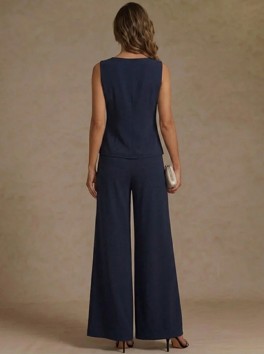 3 Pieces Scoop Chiffon Mother of the Bride Pantsuit Ankle-Length 3/4 Sleeves&Sleeveless Rhinestones with Jacket