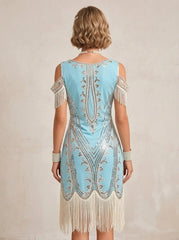 1920s The Great Gatsby Outfit A-Line/Princess Short Sleeves Sequins Tassels Vintage Dresses