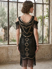 1920s The Great Gatsby Outfit Sheath/Column V-Neck Short Sleeves Sequins Tassels Vintage Dresses Tea-Length