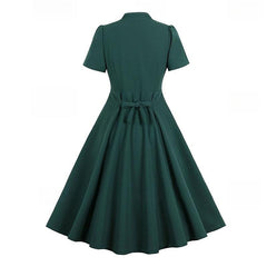 A-Line/Princess 1950s V-Neck Short Sleeves Ruched Vintage Dresses with Pleats & Bow & Buttons