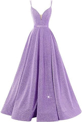 A Line/Princess Spaghetti Straps V Neck Floor-Length Evening Dresses with Slit