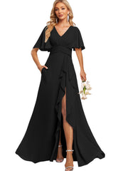A Line V Neck Flutter Sleeve Floor Length  Bridesmaid Dresses with Pockets  with Slit Ruffles